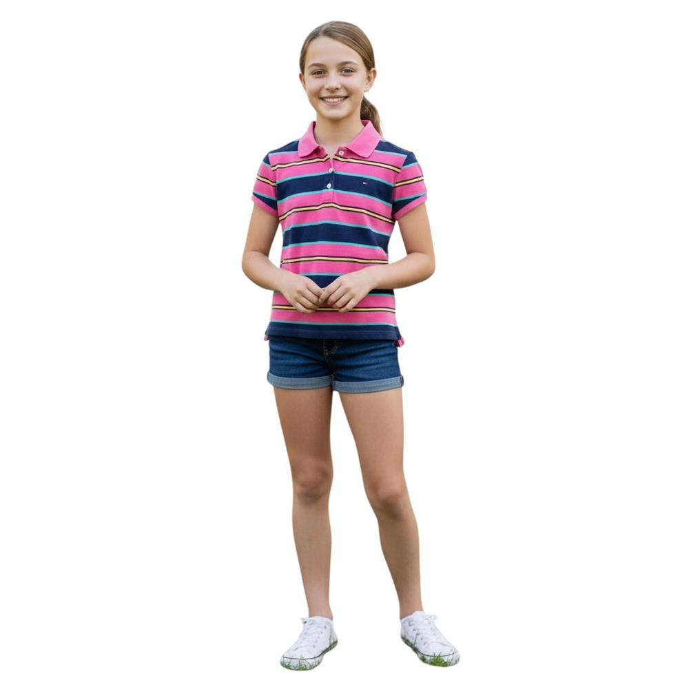 Tommy Hilfiger Striped Polo Shirt Girls LG 12–14 Pink Navy Classic Prep